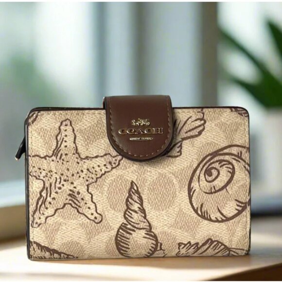Coach Medium Corner Zip Wallet Shell CBO36 Brown Signature Canvas ID Compact - Picture 1 of 8